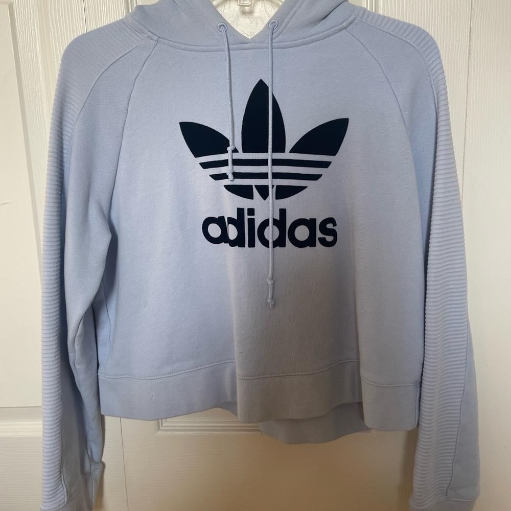 Adidas Cropped Hoodie Ribbed Sleeves Felt Logo